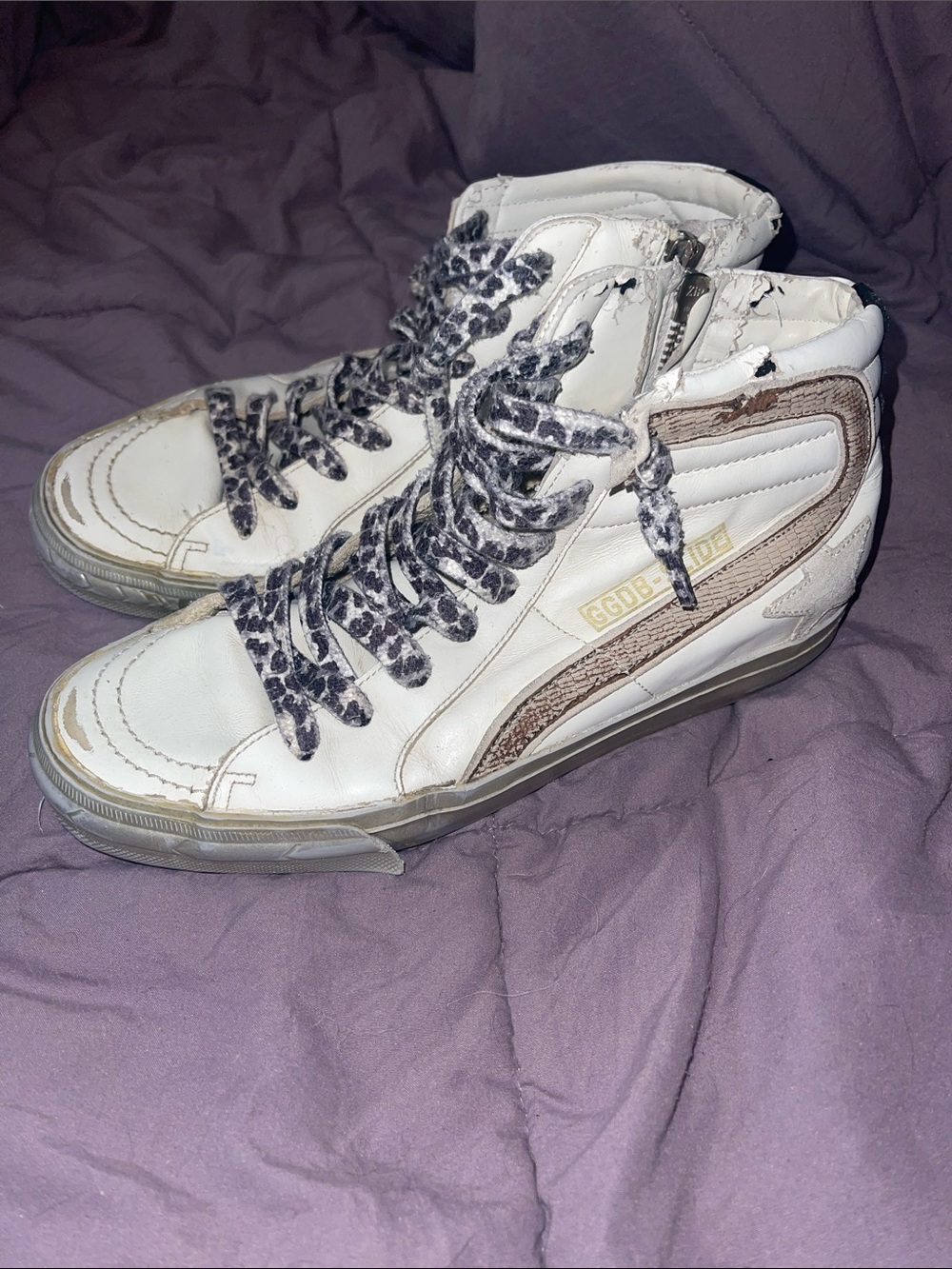 Golden Goose White High-Top Sneakers with Leopard-Print Laces - Picture 2 of 9